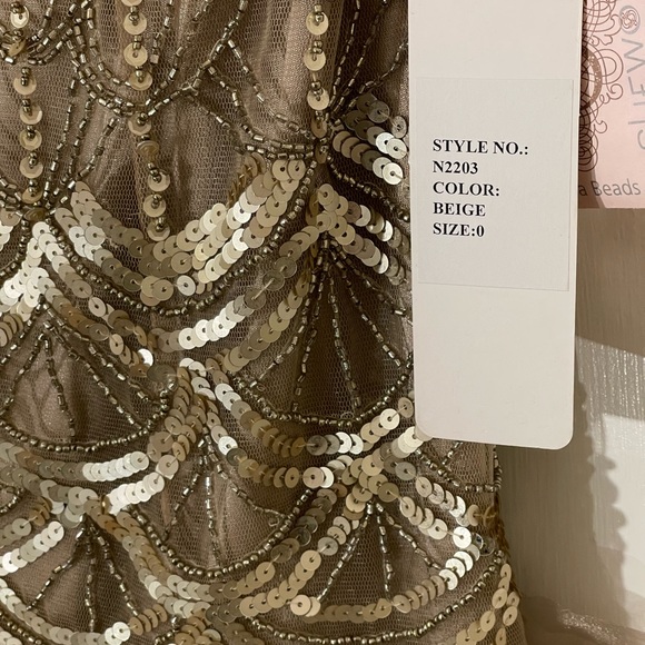 Sue Wong Nocturne Flapper Embellished Cocktail Dress NWT. Sz 0, Gold and beige. - Picture 5 of 13